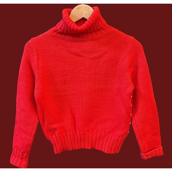 Vintage Hand Knit Red Intarsia Turtleneck Sweater Outdoor Scene Retro Ski Lodge - Picture 5 of 5